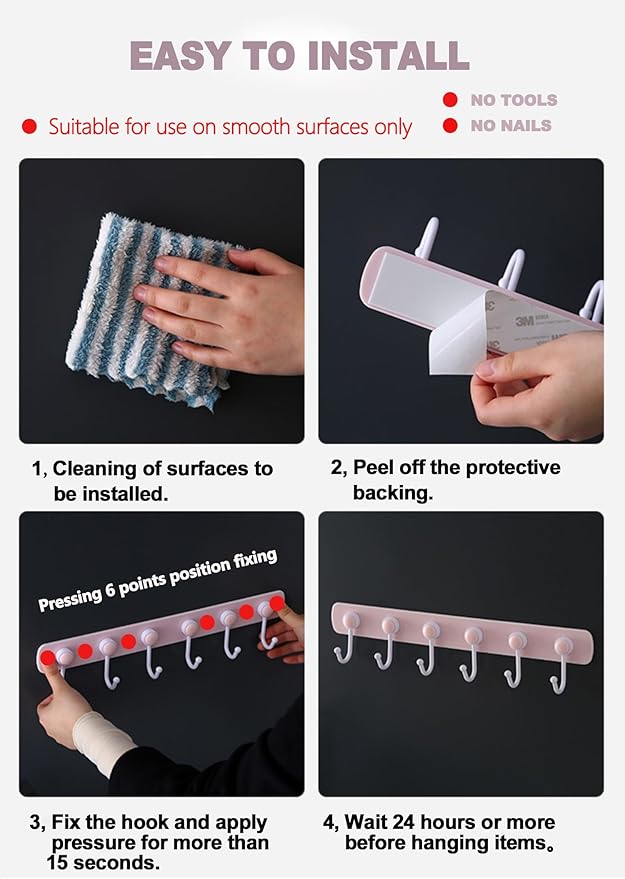 Coat Rack Wall Mount for Kids Room, 6 Rotating Adhesive Wall Hooks for Hanging Clothes Cooking Tools Towels in Kitchen,Bathroom,Office, Pink Decorative Hangers for Girls Bedroom (Pink 1 Pack)