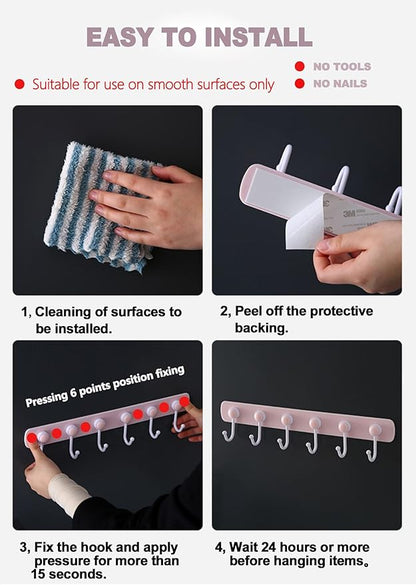 Coat Rack Wall Mount for Kids Room, 6 Rotating Adhesive Wall Hooks for Hanging Clothes Cooking Tools Towels in Kitchen,Bathroom,Office, Pink Decorative Hangers for Girls Bedroom (Pink 1 Pack)