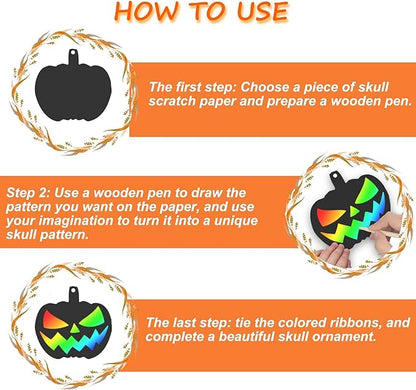 48 Pieces Halloween Scratch Crafts for Kids, DIY Rainbow Magic Scratch Paper, Bat Pumpkin Halloween Haunted House Arts and Crafts Ornaments Decoration for Halloween Activity Party Favor