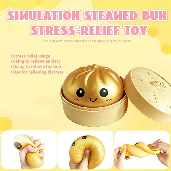 Dumpling Squishy Mystery Box, Super Soft Slow Rising TPR Tear-Resistant Smiley Face Dumpling Toy, Fidget Sensory Toys for Easter Basket Stuffers, Parties, Classroom Prizes Adults Kids( Gold
