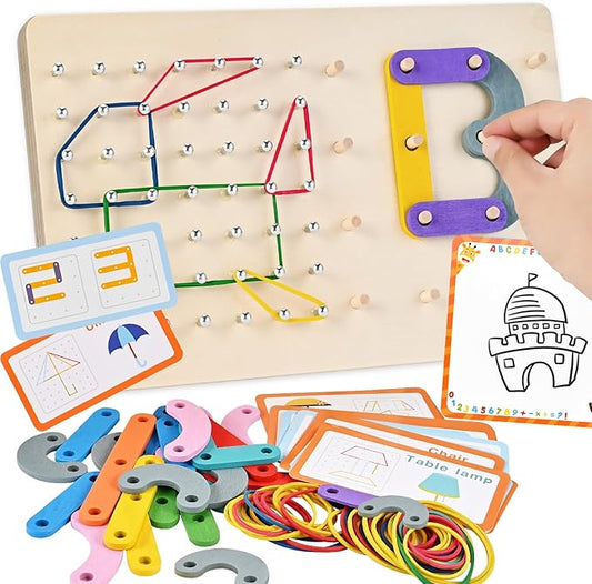 Wooden Geoboards, Wooden Letter Number Construction Puzzle Board, Montessori Toys for Kids with 20 Pattern Cards, 50 Rubber Bands to Figures and Shapes, Brain Teaser STEM Toy（9.5*6 *0.6in）