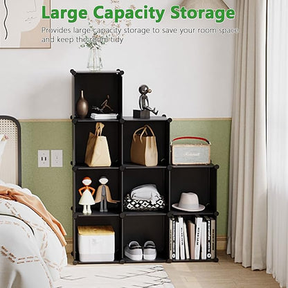 C&AHOME Cube Storage, 9-Cube Bookshelf, Plastic Closet Cabinet Organizer, DIY Stackable Bookcase, Modular Shelving Units Ideal for Home, Office, Kids Room, 36.6" L x 12.4" W x 48.4" H Black SHS3009A