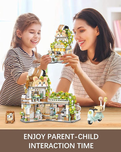 City Street View Bear Coffee Shop Building Blocks Set, MOC Creative Bear Animal Theme House, Simulation Architecture Construction Toy, Gifts Idea for Kids Adults (Mini Blocks 1077 pcs)