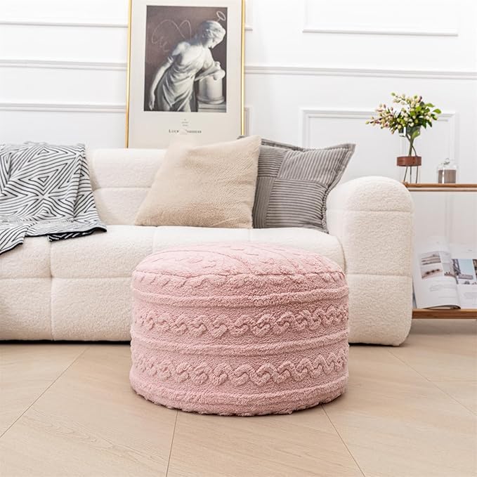 Pouf Ottoman Stuffed 20x20x12 Inches Floor Pouf Plush Fiber Ottoman Foot Rest Under Desk Foot Stool for Living Room Bedroom (Pink Pouf with Filler)