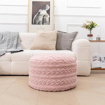 Pouf Ottoman Stuffed 20x20x12 Inches Floor Pouf Plush Fiber Ottoman Foot Rest Under Desk Foot Stool for Living Room Bedroom (Pink Pouf with Filler)
