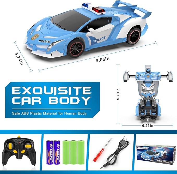 FDJ RC Cars - Transform Remote Control Car, 2.4Ghz 1:18 Scale Transforming Police Car Toy with Flashing Light, One Button Deformation 360 Degree Rotating Drifting Kids Toys Car for Boys Girls