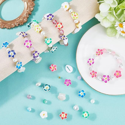 SUNNYCLUE 1 Box 174Pcs DIY 6 Sets Bracelet Making Kit Plumeria Flower Beads Polymer Clay Beads Summer Ocean Hawaiian Shell Bead Imitation Pearl Beads for Jewelry Making Kits Adult Women Gifts Supplies