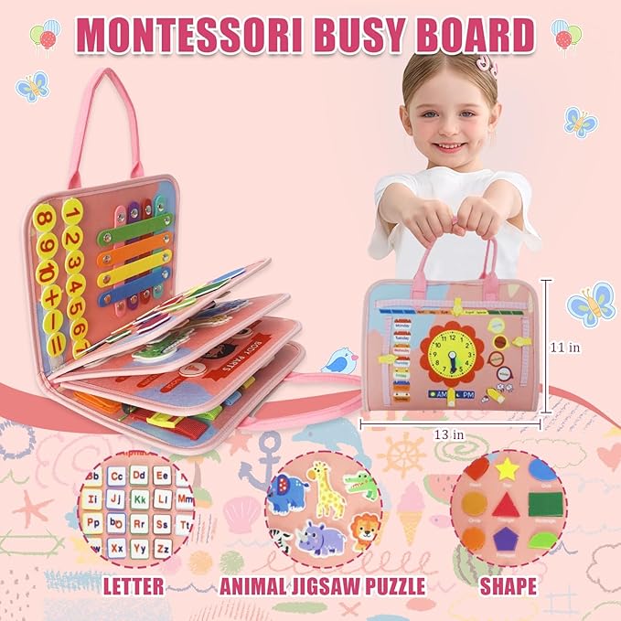 Toddler Busy Board-Montessori Toys for Boy Girl Birthday Gift, Sensory Learning Toys for Toddlers Busy Book 3-5, Airplane Car Travel Activities Toy,Learn Fine Motor Skills