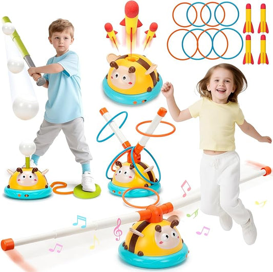 4 in 1 Musical Jump Toy, Toss Ring & Baseball Game, Indoor Outdoor Toys for Kids 4-8, Inside Outside Family Sports Games for Ages 3-7, Ideal Birthday, Party Favor Gifts for Boys Girls Ages 3 4 5 6 7 8