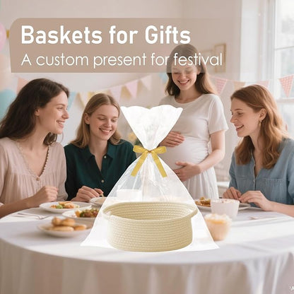 JMvicyroam Woven Basket,Small Rope Storage Bin with Handles & Ribbon Bag, Organizer for Shelves Closets,Gift Basket Empty for Birthday,Books,Dog Toys,Beige/3 Pack
