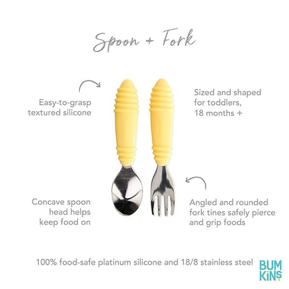 Bumkins Toddler Utensils, Kids Size Fork and Spoon Set, Silicone and Stainless-Steel Training Silverware, Angled Fork / Spork for Self-Feeding, Children Learning to Eat, 18 Mos Up, Pineapple Yellow