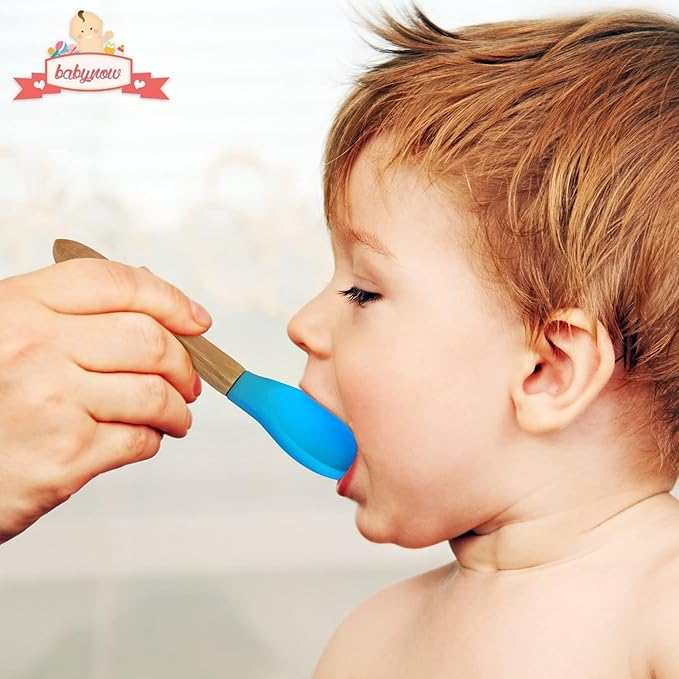 Baby Spoons Bamboo Feeding Spoon 5.5" with Silicone Tip BPA Free Toddler Food Spoons Yellow 2 PACK