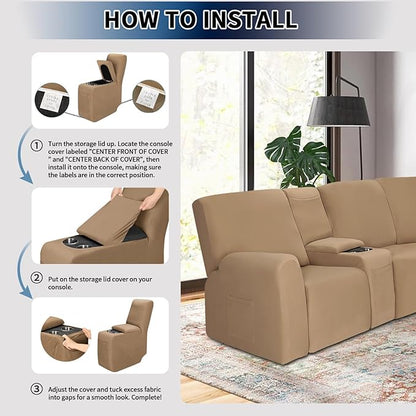 PureFit Recliner Console Cover for Reclining Couch Covers, Super Stretch Middle Console Slipcovers for Recliner Sofa Cover, Furniture Protector for Kids Pets with Pockets&Elastic Bottom, Camel