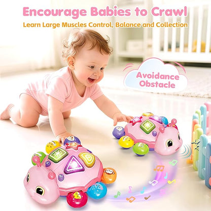 Baby Crawling Toys for 6-12 Months, Musical Toys for Infants 7 8 9 10 11 Months, Early Learning Educational Toy with Sound, Tummy Time Development Toys, Christmas Birthday Gifts for 1 Year Old, Pink