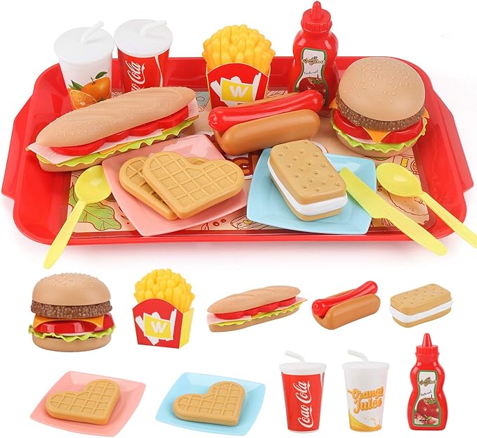 Pretend Play Food Set for Children,Removable Fast Food Playset with Tray Hamburger Hotdog Fries Combo,Play Kitchen Accessories Role Play Toys,Christmas Birthday Gift for Kids Boys Girls(15PCS)