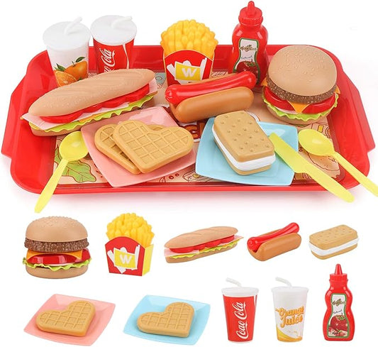 Pretend Play Food Set for Children,Removable Fast Food Playset with Tray Hamburger Hotdog Fries Combo,Play Kitchen Accessories Role Play Toys,Christmas Birthday Gift for Kids Boys Girls(15PCS)