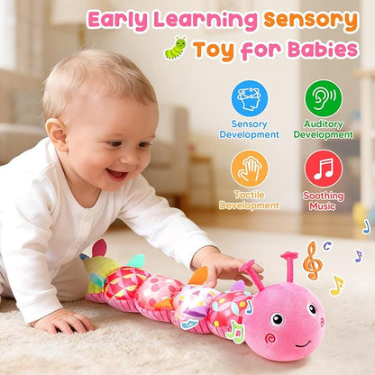 Baby Toys Musical Caterpillar, Infant Stuffed Animal for 0-6 6-12 Months with Crinkle and Rattles, Tummy Time Sensory Toys Newborn Boys Girls Gifts 0 3 6 9 12 Months - Pink