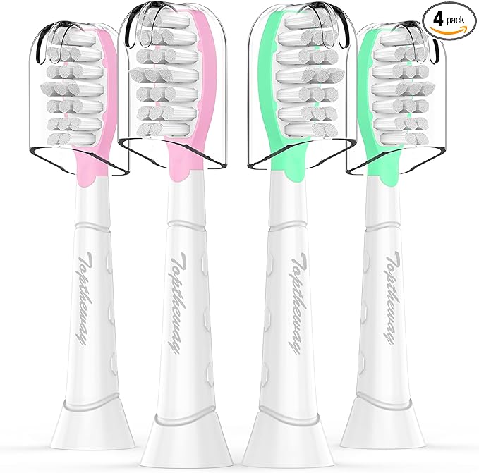 Toptheway Kids Replacement Heads for Philips Sonicare: Kids 7+ Standard Sonic Electric Toothbrush Heads, Pink and Green, 4 Pack