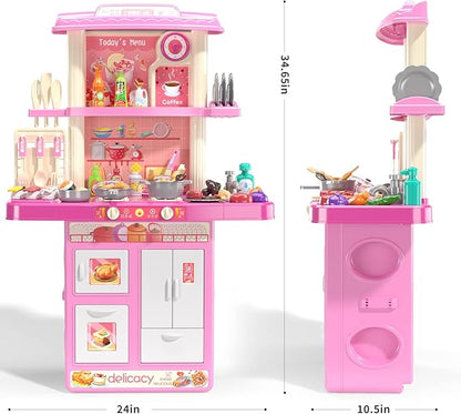 TEMI Kitchen Playset for Kids, Play Kitchen for Toddlers, 46 PCS Kitchen Toy Accessories Set, Real Sounds and Light, Indoor/Outdoor Playset for Kids, Girls & Boys