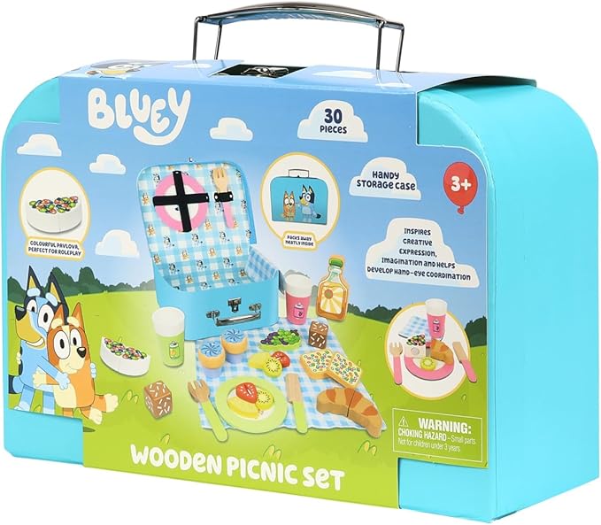 Bluey – Picnic Basket Set – 30 Piece Wooden Roleplay Toy with Carry Case, Cutlery & Pretend Food Accessories for Kids – FSC-Certified Material – Fun Imaginative Kit for 3 Years and Up