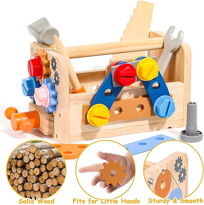 Wooden Kids Tool Set, Toddler Tool Bench with Apron 2 Year Old Toys Gift STEM Montessori Toys for 2 3 4 Year Olds Pretend Play Toddler Tool Set Educational Construction Toy for Toddler(39PCS)