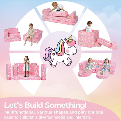 MeMoreCool Toddler Couch, 10-Piece Modular Play Sofa for Playroom, Fold Out Kids Couch for Girl Boy, Glow Colorful Unicorn