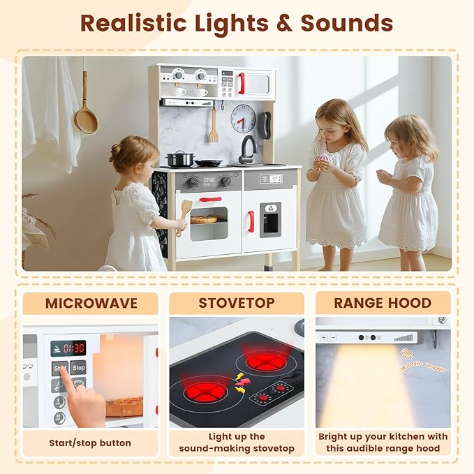 Play Kitchen Wooden Kids Kitchen Playset Pretending Toys for Toddlers with Real Lights & Sounds, 3 Heights Adjustable, Chalkboard, 35Pcs Toy Food & Cookware Accessories-Gray