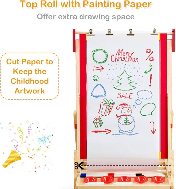 Costzon 3 in 1 Kids Art Easel with Paper Roll, Double Sided Adjustable Chalkboard & White Dry Erase with 4 Drawing Board Clips, Storage Bins, 26 English Alphabet Tiles for Toddlers (Red)