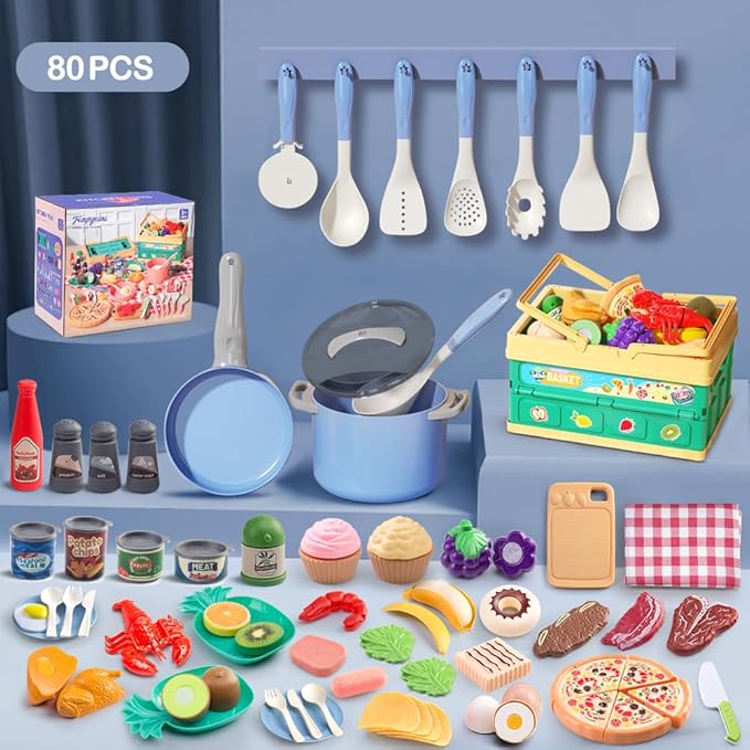 80Pcs Kitchen Playset, Toddler Pretend Cooking with Pots, Pans, Cookware, Food, Picnic Blanket, Fruits, Veges, Shopping Storage Basket, Dessert, Learning Gift for Girls Boys (Blue)