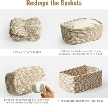 5 Pack Decorative Small Storage Baskets for Shelves, Cotton Rope Woven Basket for Organizing Bathroom, Nursery, Closet, Cabinet, Toys & Socks, Gift Baskets Empty, 11.8"x7.9"x4.7", Khaki