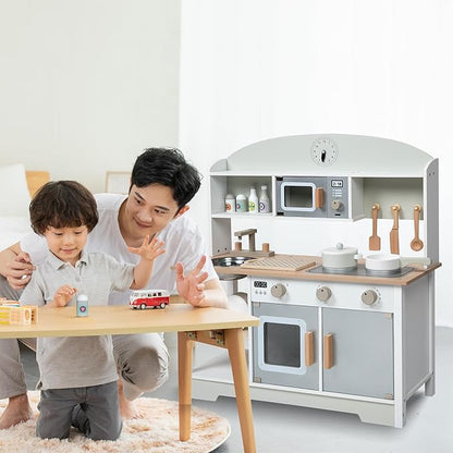 Kids White Wooden Play Kitchen Sink Microwave Oven Stoves Cabinet Shelf Interactive Turning Knob Clock Little Chef Storage Kitchenware Plates Pans Cutting Board Spice Bottles Knife Spatula
