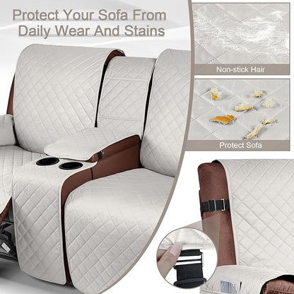 KinCam 100% Waterproof Recliner Loveseat Cover with Console, Non-Slip Reclining Couch Covers for 2 Seat, Recliner Sofa Cover Furniture Protector with Elastic Straps for Kids, Pets, Beige