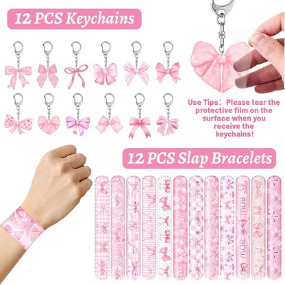 110 PCS Pink Coquette Bow Party Favors, Pink Coquette Bow Temporary Tattoos Slap Bracelets Stickers Keychains Badges Gift Bags for Bow Coquette Birthday Party Decorations Supplies for Kids Girls