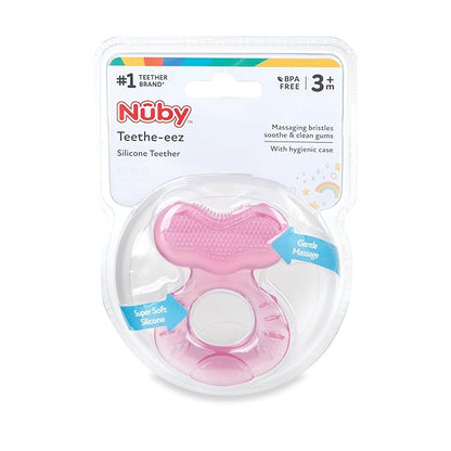 Nuby Silicone Teethe-eez Teether with Bristles, Includes Hygienic Case, Pink