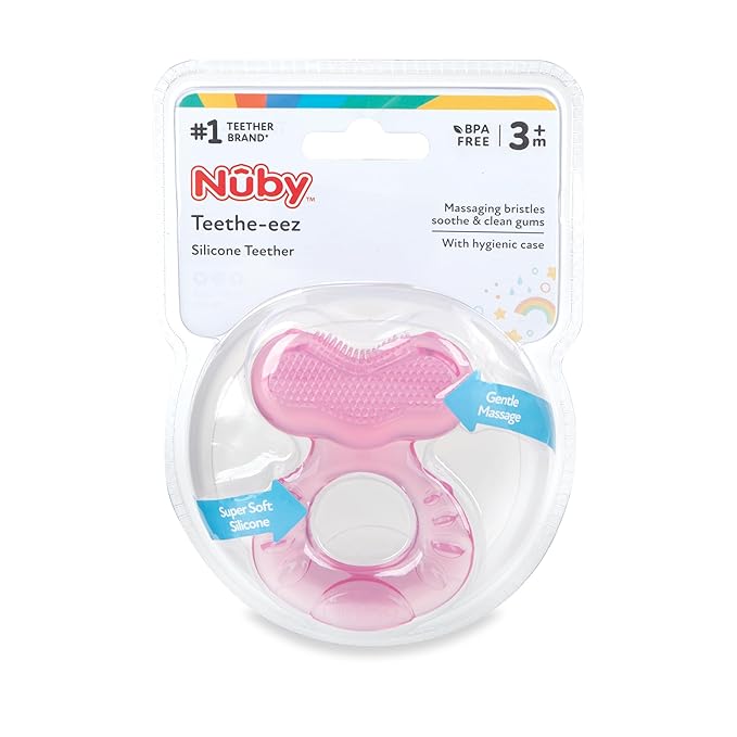 Nuby Silicone Teethe-eez Teether with Bristles, Includes Hygienic Case, Pink