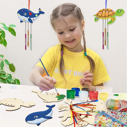 Fennoral 9 Pack Wind Chime Kit for Kids Make Your Own Ocean Animals Wind Chime Wooden Arts and Crafts for Girls Boys Ornaments DIY Coloring Sea Animals Craft for Art Activity Summer Party Decoration