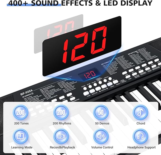 37 Keys Piano Keyboard for Beginners -1200mAh Rechargeable Electronic Musical Instrument with Mic LED Screen 200 Tones 200 Rhythms 50 Demos, Birthday Gift for Kids