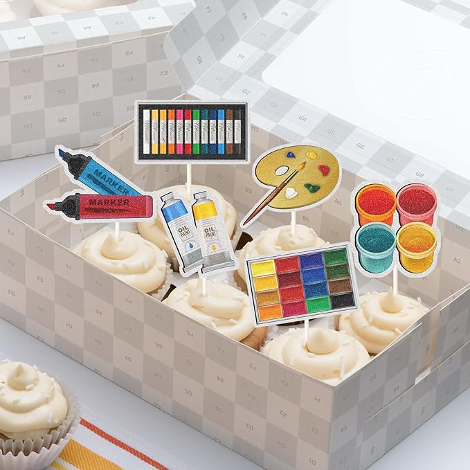 Art Palette Cupcake Toppers,Painting Themed Happy Birthday Party Decor, Artist Palette Graffi Paint Brush Boy Girl Party Decorations Supplies,Rainbow Glitter Set of 18
