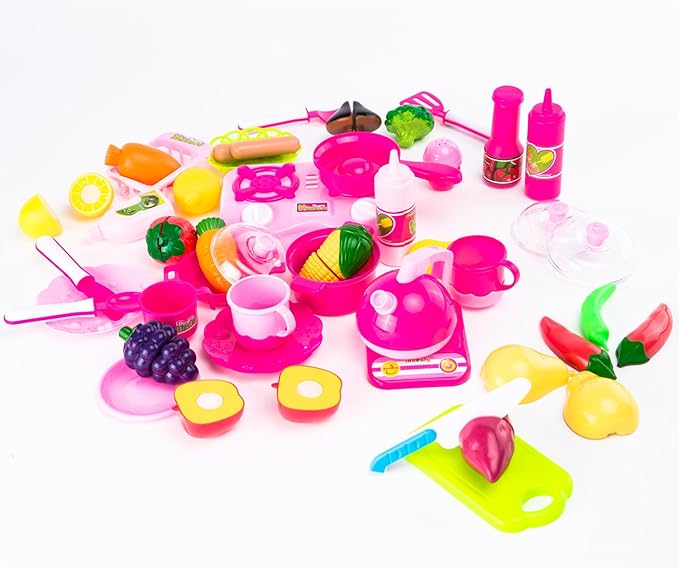 Kimicare 58 Piece Kitchen Cooking Set Girls Boys Fruit Vegetable Tea Playset Toy for Kids Early Age Development Educational Pretend Play Food Assortment Set