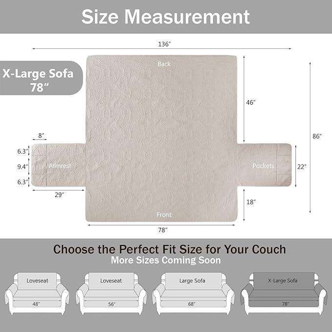 Soft Quilted Couch Cover with Pockets for Extra-Large Sofa, Anti-Slip Sofa Covers Washable for 3 Cushion Pet Friendly, Oversized Sofa Cover Water-Repellent (X-Large Sofa 78", Beige Cream)