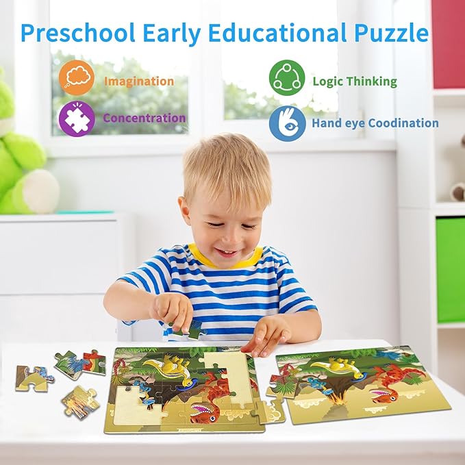Puzzles for Kids Ages 3-5 4-6, 24 Pieces Dinosaur Wooden Jigsaw Puzzles for Toddlers Ages 3 4 5 6 Year Olds Educational Learning Toys Children Puzzles for Kids Boys and Girls