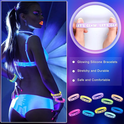 Karenhi 100 Pcs Let's Glow Silicone Bracelet Crazy Bracelet Glow in the Dark Bracelets Light up Wristbands for Neon Party Concerts Sports Parties Night Favors, 10 Styles