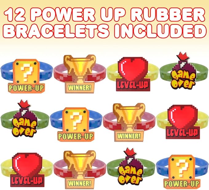 ArtCreativity Power Up Rubber Bracelets for Kids, Set of 12, Colorful Stretchy Rubber Wristbands with Classic Video Game Icons, Fun Birthday Party Favors, Goodie Bag Fillers, Carnival Prize