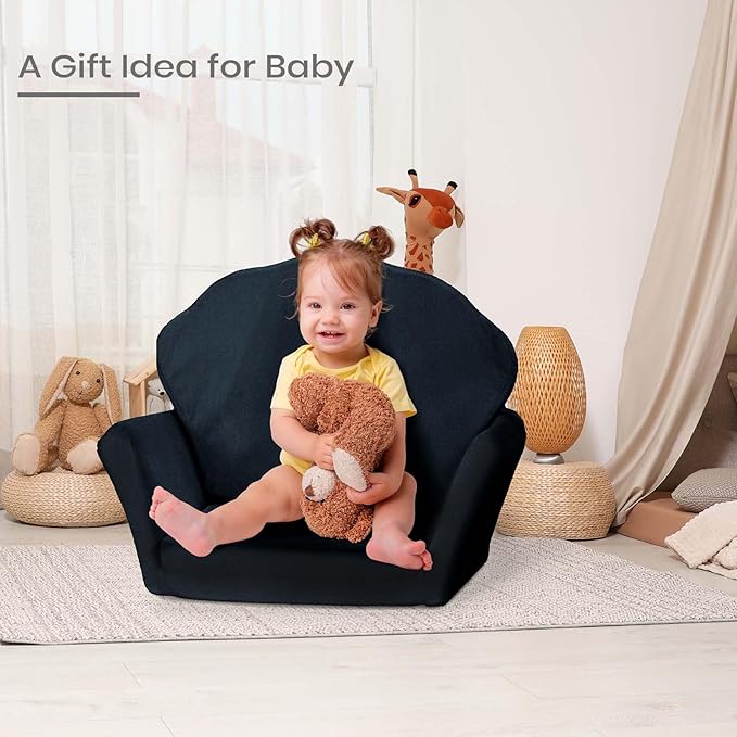 COSYLAND Kids Sofa for Toddler, 2-in-1 Folding and Expandable Soft Chair Bed Toddlers,Convertible Sofa to Lounger Sleeper Chair Bed for Girls and Boys,Black