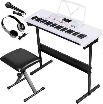 ZENY 61-Key Portable Electric Keyboard Piano with Built In Speakers, LED Screen, Headphones, Microphone, Piano Stand, Music Sheet Stand and Stool (White)
