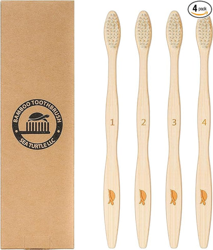 Sea Turtle Plant-Based Bristles, Bamboo Toothbrushes, Soft Natural Toothbrush for Adults (4 Pack)