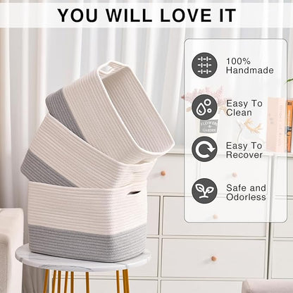 ICERZCZ Storage Baskets for Organizing Shelves, Woven Cotton Rope Bins for Baby Nursery Organization, Book Toy Towel Organizer, 15"x11"x9.5", 3 Packs, Off White & Grey