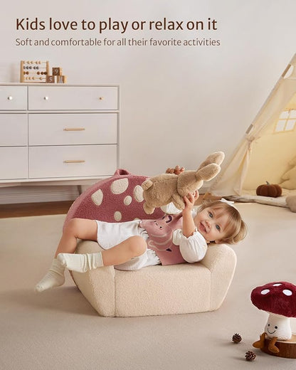 Blissful Diary Toddler Chair Comfy, Foam Kids Chair with Soft Teddy Plush, Toddler Reading Armchair with Cute Mushroom Designs- Rusty Red
