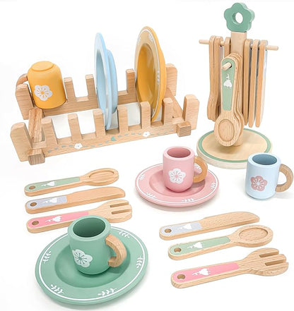 Wooden Play Kitchen Accessories Toys for Toddlers 3+, 22 PCS Kids Play Kitchen with Cute Cutlery Rack&Dish Rack,Play Dishes for Kids Kitchen,Montessori Pretend Birthday Gifts for Girls Boys