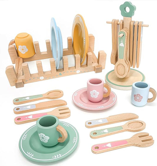 Wooden Play Kitchen Accessories Toys for Toddlers 3+, 22 PCS Kids Play Kitchen with Cute Cutlery Rack&Dish Rack,Play Dishes for Kids Kitchen,Montessori Pretend Birthday Gifts for Girls Boys